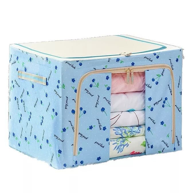 Cutie de depozitare pliabila, fermoar, 66 litri, textil, 50 x 40 x 33 cm, cadru metalic, suport baza stabil din plastic, imprimeu cirese, albastra 1