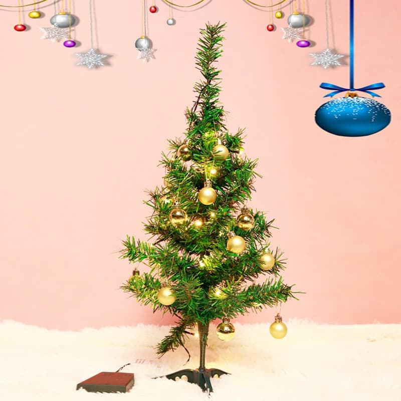 Brad artificial impodobit, 60 cm, suport plastic cu instalatie luminoasa 20 LED alb cald + 20 globuri aurii incluse 1