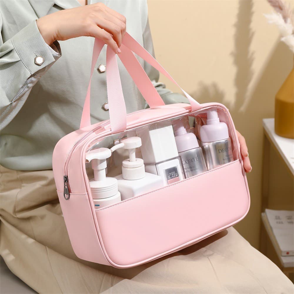Geanta pentru cosmetice, Geanta pentru Voiaj sau Organizarea produselor Cosmetice, Geanta pentru Machiaj, din PVC si PU, 26 x 15 x 10 cm, Roz 1
