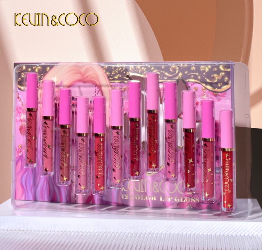 Set 12 Lip Gloss Kevin&Coco, nuante de rosu, rose, nude, roz, cutie dreptunghiulara, 26.5x16.5x2.2 cm, 200 g, multicolor 1