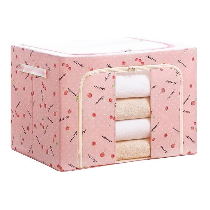 Cutie de depozitare pliabila cu fermoar, 100 litri, material textil, 60 X 42 X 40 cm, imprimeu cirese rosii 1
