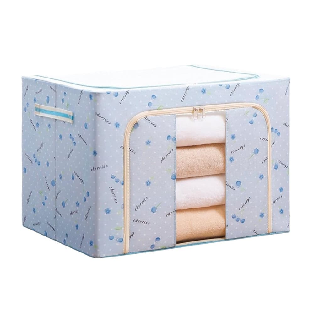 Cutie de depozitare pliabila cu fermoar, 100 litri, material textil, 60 X 42 X 40 cm, imprimeu cirese albastre 1