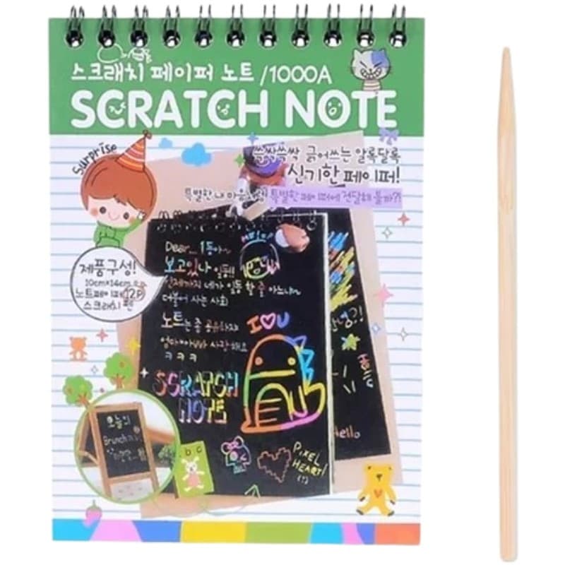 Caiet cu 10 fise razuibile DIY Magic Scratch, 14.5 x 10 cm, curcubeu, creion lemn, cartonase negre, verde 1