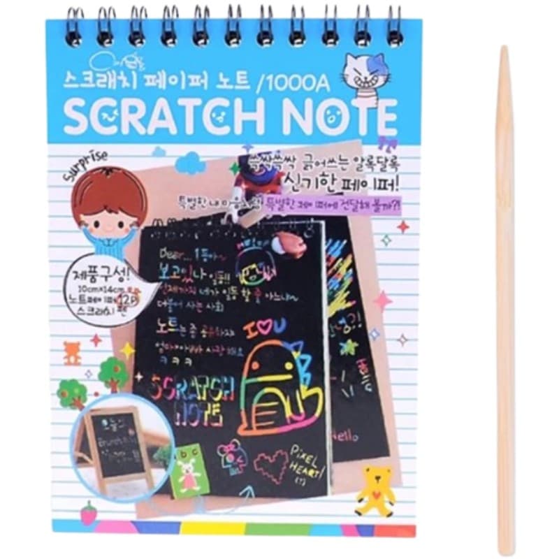 Caiet cu 10 fise razuibile DIY Magic Scratch, 14.5 x 10 cm, curcubeu, creion lemn, cartonase negre, albastru 1