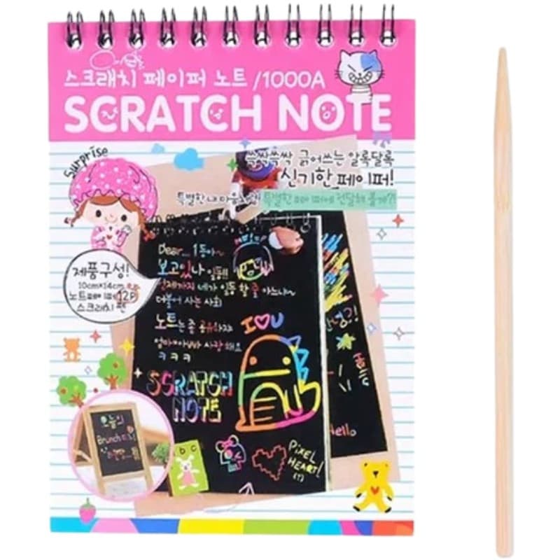 Caiet cu 10 fise razuibile DIY Magic Scratch, 14.5 x 10 cm, curcubeu, creion lemn, cartonase negre, roz 1