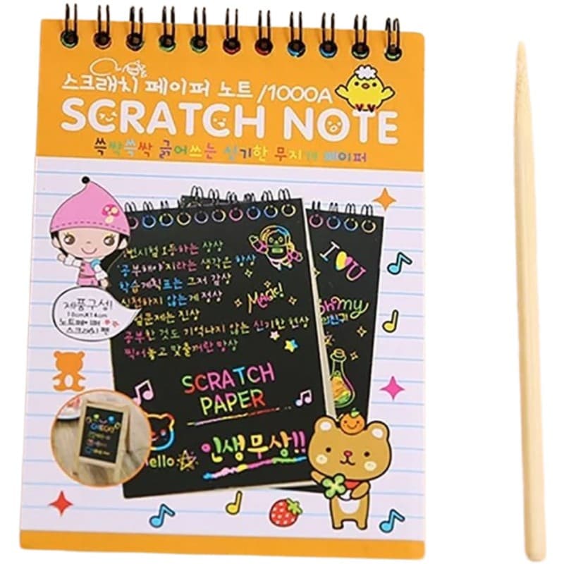 Caiet cu 10 fise razuibile DIY Magic Scratch, 14.5 x 10 cm, curcubeu, creion lemn, cartonase negre, portocaliu 1