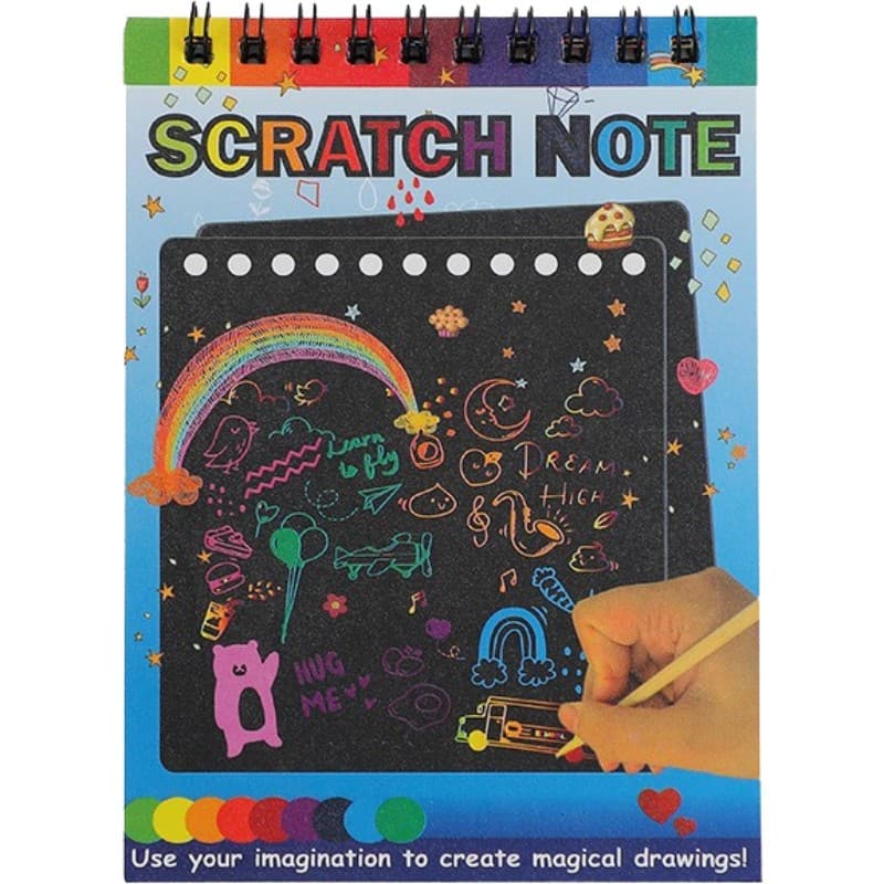 Caiet cu 10 fise razuibile DIY Magic Scratch, 14 x 10 cm, curcubeu, creion lemn, cartonase negre, albastru 1