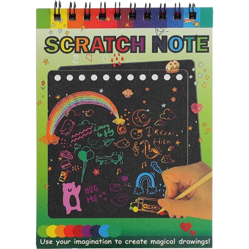 Caiet cu 10 fise razuibile DIY Magic Scratch, 14 x 10 cm, curcubeu, creion lemn, cartonase negre, verde 1