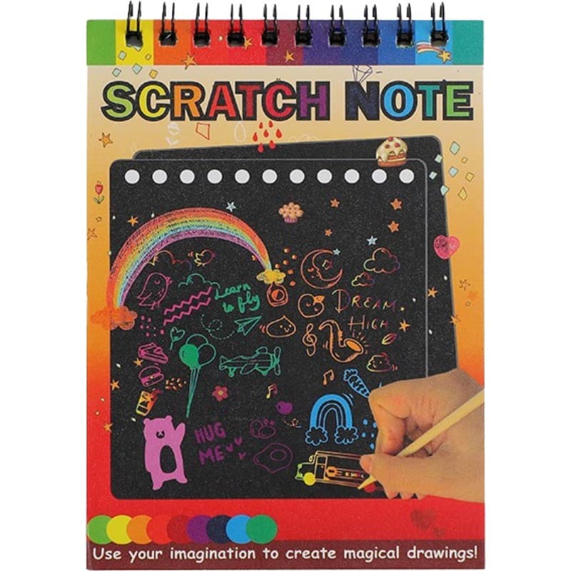 Caiet cu 10 fise razuibile DIY Magic Scratch, Curcubeu, Creion din Lemn, Cartonase negre, 14 x 10 cm, galben 1