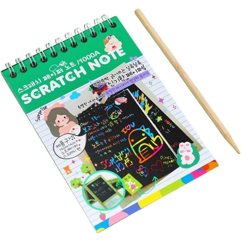 Caiet cu 10 fise razuibile DIY Magic Scratch, 14 x 10 cm, curcubeu, creion lemn, cartonase negre, verde deschis 1