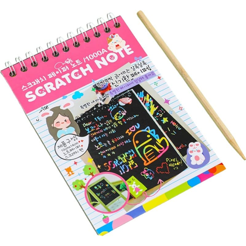 Caiet cu 10 fise razuibile DIY Magic Scratch, 14 x 10 cm, curcubeu, creion lemn, cartonase negre, roz deschis 1