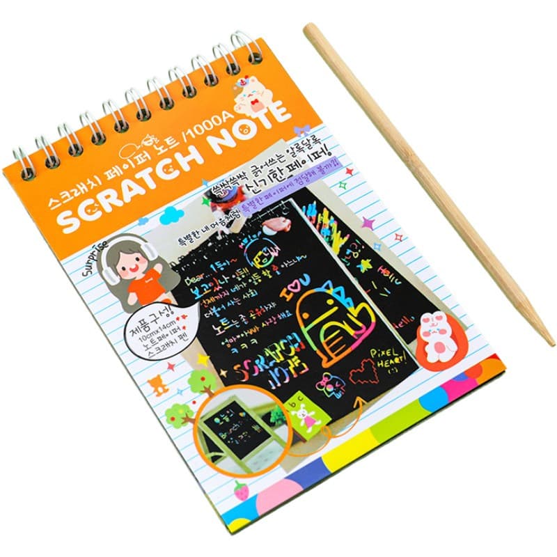 Caiet cu 10 fise razuibile DIY Magic Scratch, 14 x 10 cm, curcubeu, creion lemn, cartonase negre, portocaliu 1