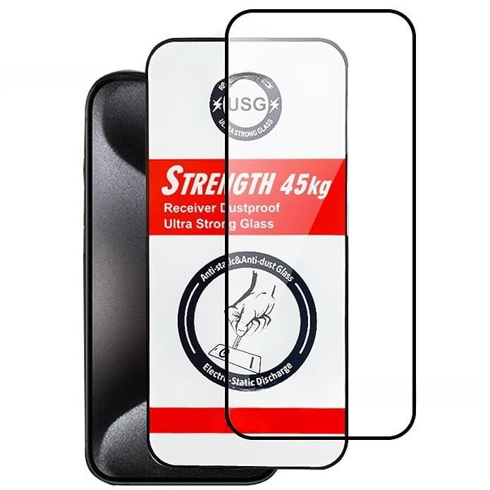Folie de sticla Apple iPhone 15 Pro Max, Full Glue USG, rezistenta 45 kg, margini negre 1