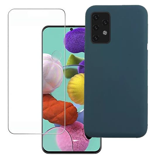 Set folie si husa Samsung Galaxy A51, sticla transparenta si Matt TPU, albastru inchis 1