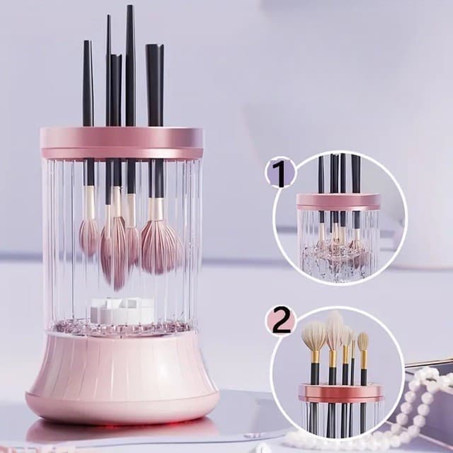 Dispozitiv Portabil de Curatare a Pensulelor de Machiaj,  pentru Pensule de Diferite Dimensiuni, 5V, 7000RPM, Vibratii Sonice, USB Type C, 9x9x16 cm, Roz 1