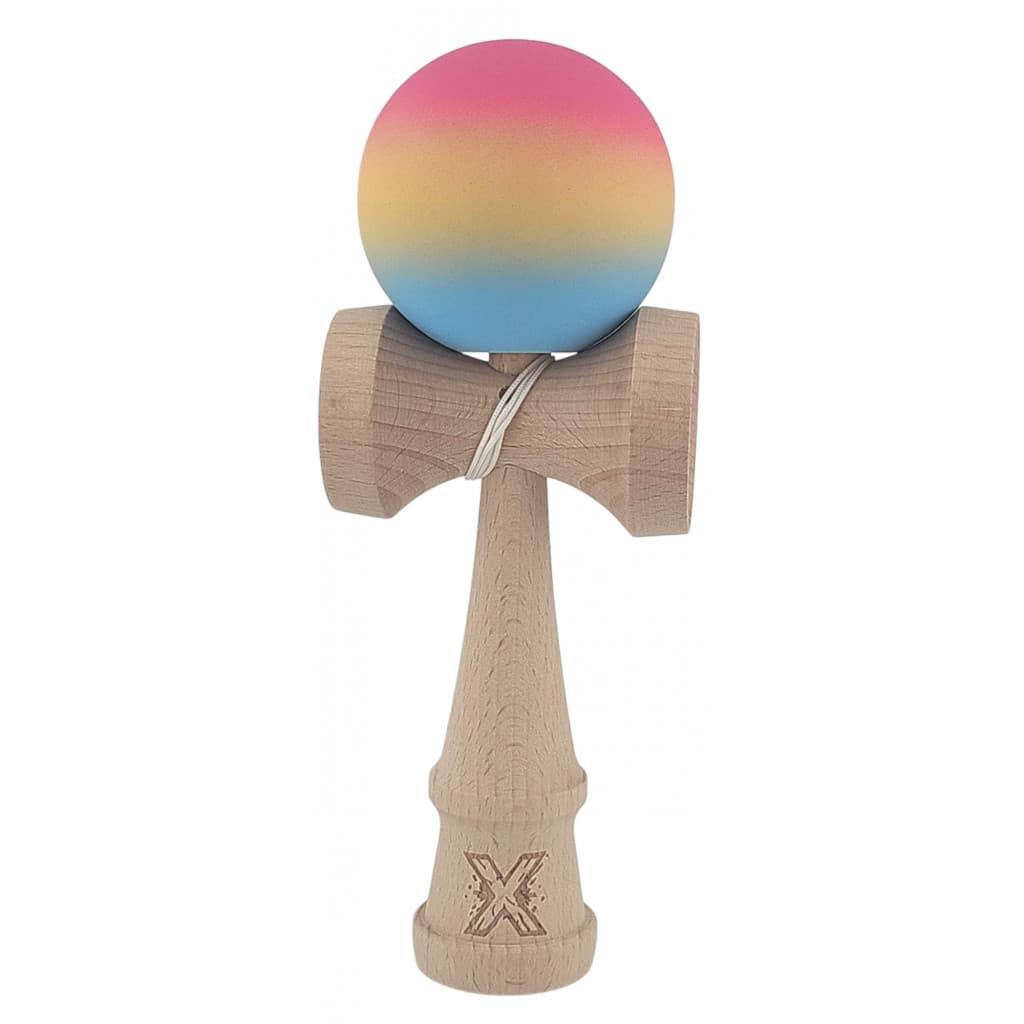 Jucarie lemn Kendama X, originala, profesionala, Rubber Grip, roz/galben/albastru 1