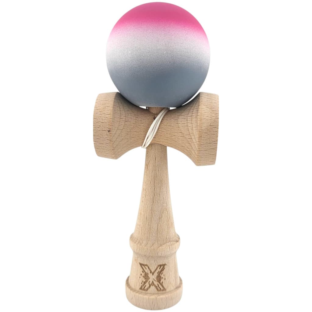 Jucarie lemn Kendama X, originala, profesionala, Rubber Grip, roz/alb/gri 1