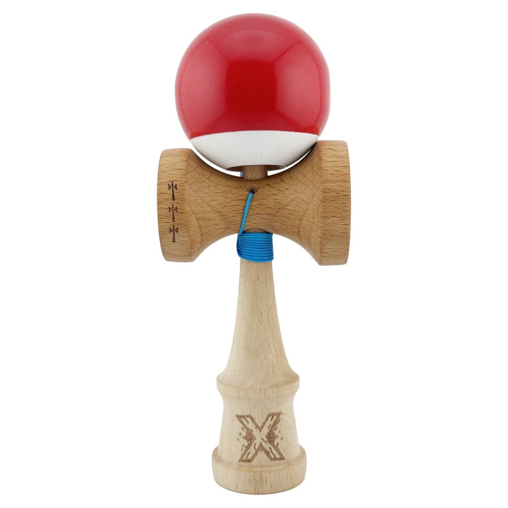 Jucarie lemn Kendama X, Super Sticky, cupe mari V2, gaura in basecup, rulment, ata rezerva, rosu/alb 1
