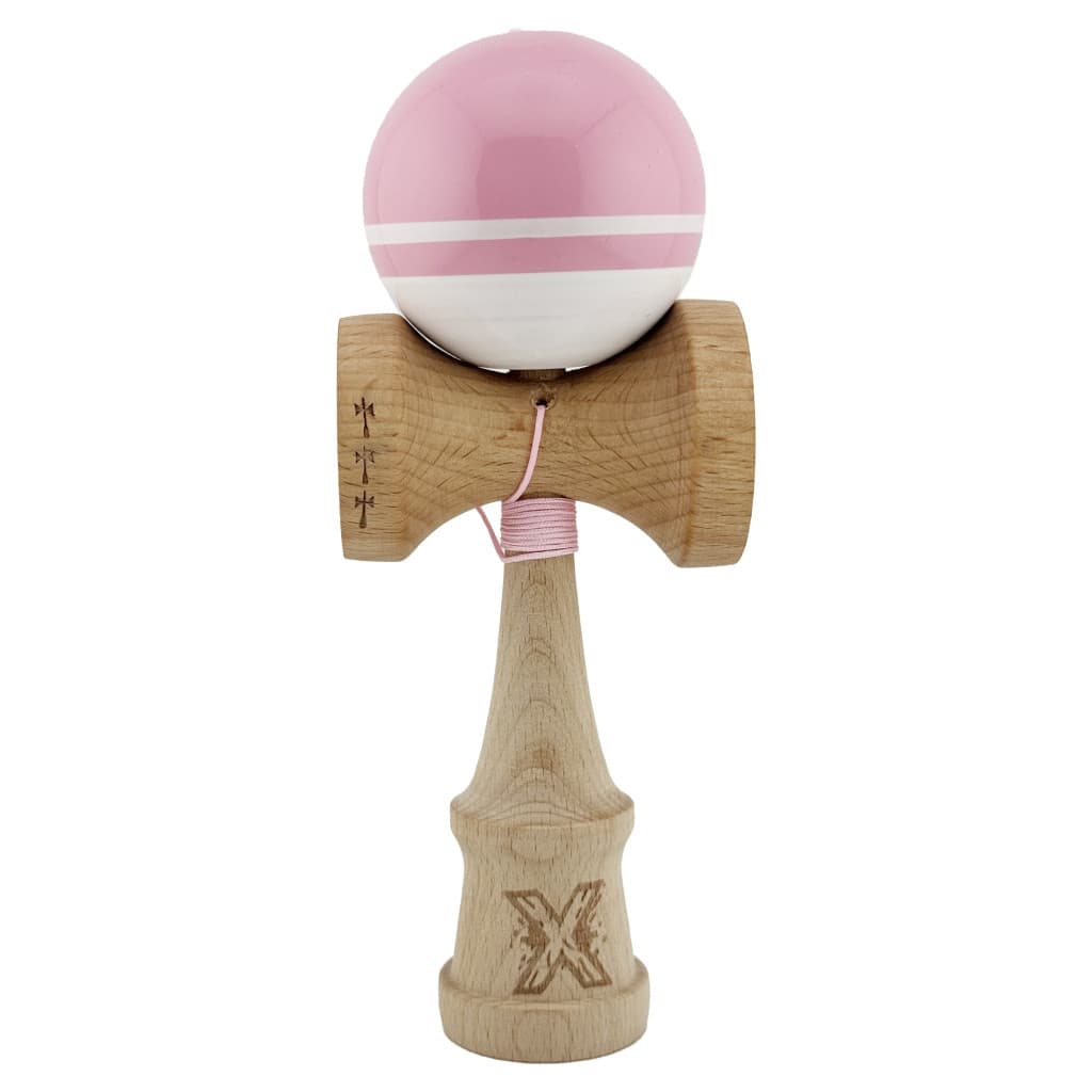 Jucarie lemn Kendama X, Super Sticky, cupe mari V2, gaura in basecup, rulment, ata rezerva, roz/alb 1