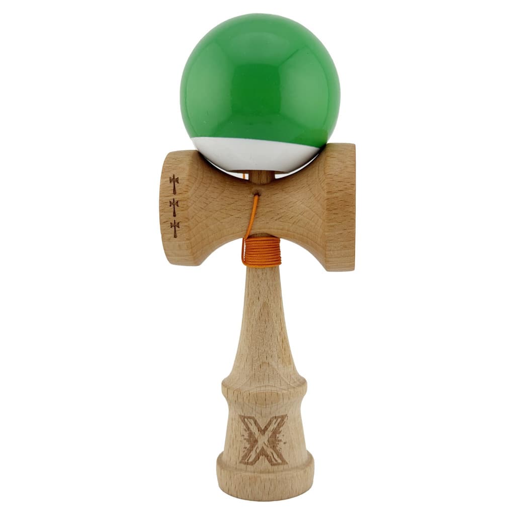 Jucarie lemn Kendama X, Super Sticky, cupe mari V2, gaura in basecup, rulment, ata rezerva, verde/alb 1
