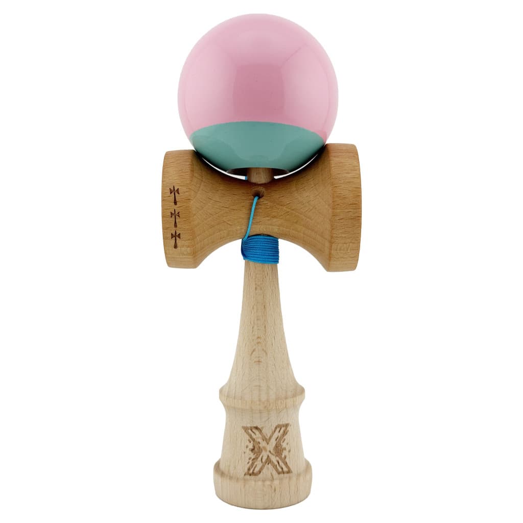 Jucarie lemn Kendama X, Super Sticky, cupe mari V2, gaura in basecup, rulment, ata rezerva, roz/verde 1