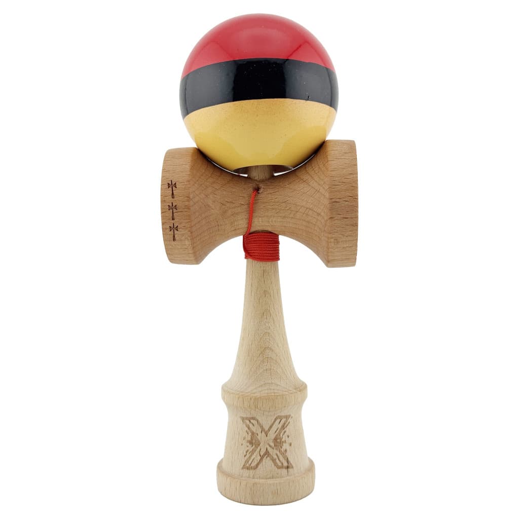 Jucarie lemn Kendama X, Super Sticky, cupe mari V2, gaura in basecup, rulment, ata rezerva, rosu/negru/galben 1