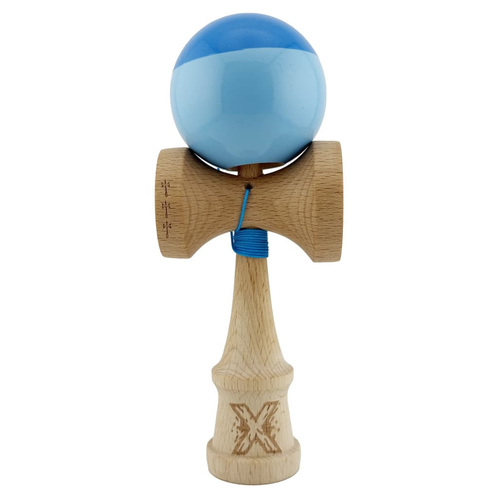 Jucarie lemn Kendama X, Super Sticky, cupe mari V2, gaura in basecup, rulment, ata rezerva, albastru/bleu 1