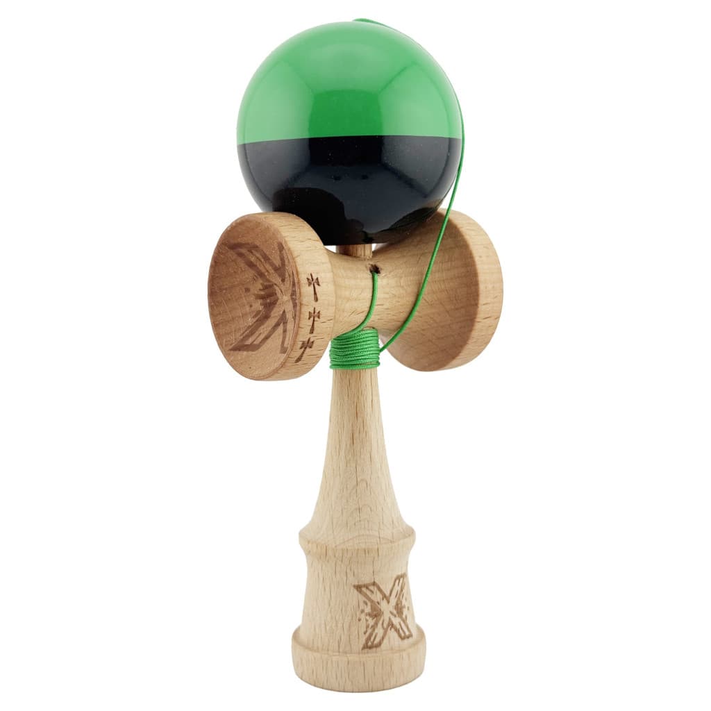 Jucarie lemn Kendama X, Super Sticky, cupe mari V2, gaura in basecup, rulment, ata rezerva, verde/negru 1