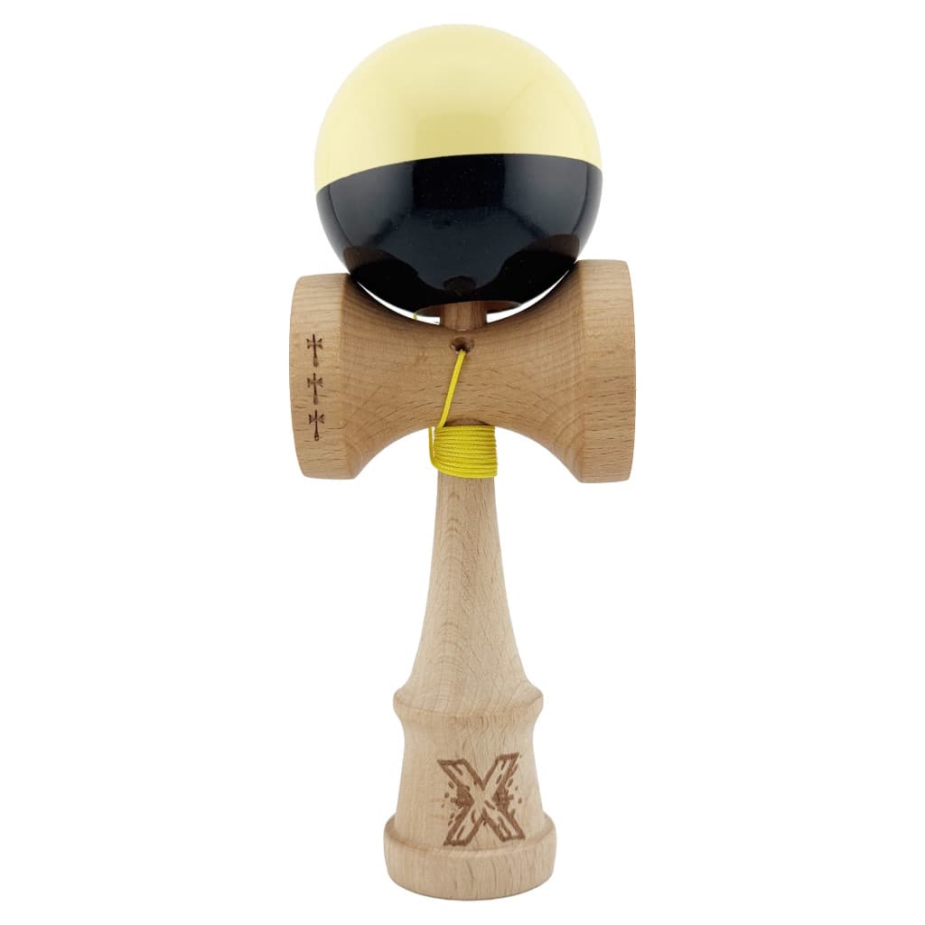 Jucarie lemn Kendama X, Super Sticky, cupe mari V2, gaura in basecup, rulment, ata rezerva, galben/negru 1