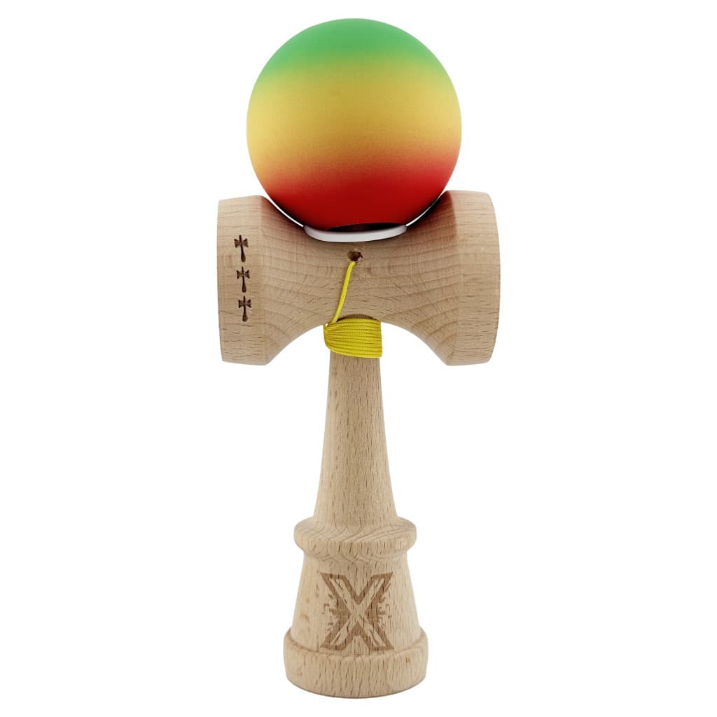 Jucarie lemn Kendama X, Rubber Grip, cupe mari V3, gaura in basecup, rulment, ata rezerva, verde/galben/rosu 1