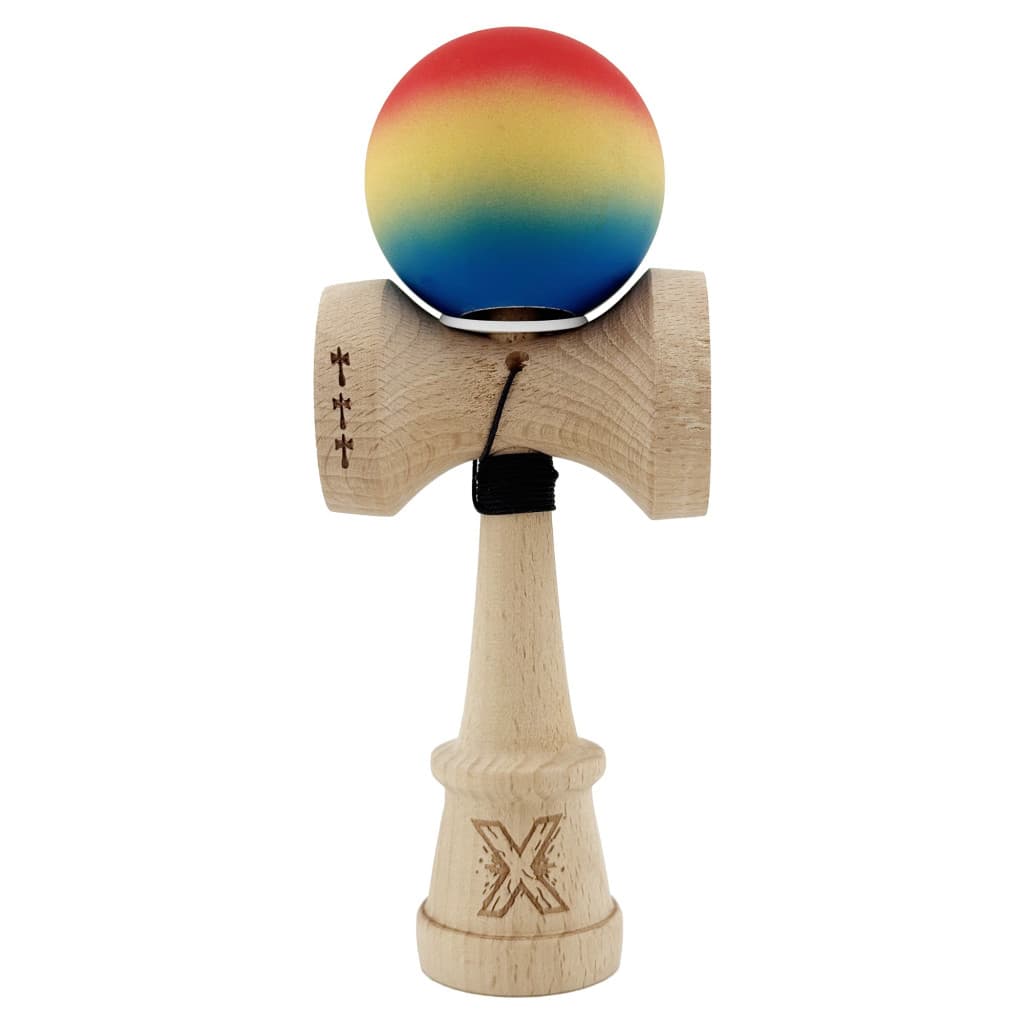 Jucarie lemn Kendama X, Rubber Grip, cupe mari V3, gaura in basecup, rulment, ata rezerva, rosu/galben/albastru 1