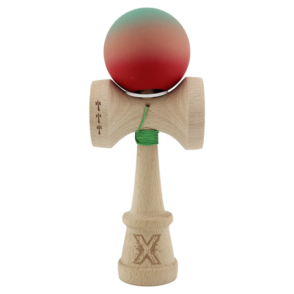 Jucarie lemn Kendama X, Rubber Grip, cupe mari V3, gaura in basecup, rulment, ata rezerva, verde/roz/rosu 1