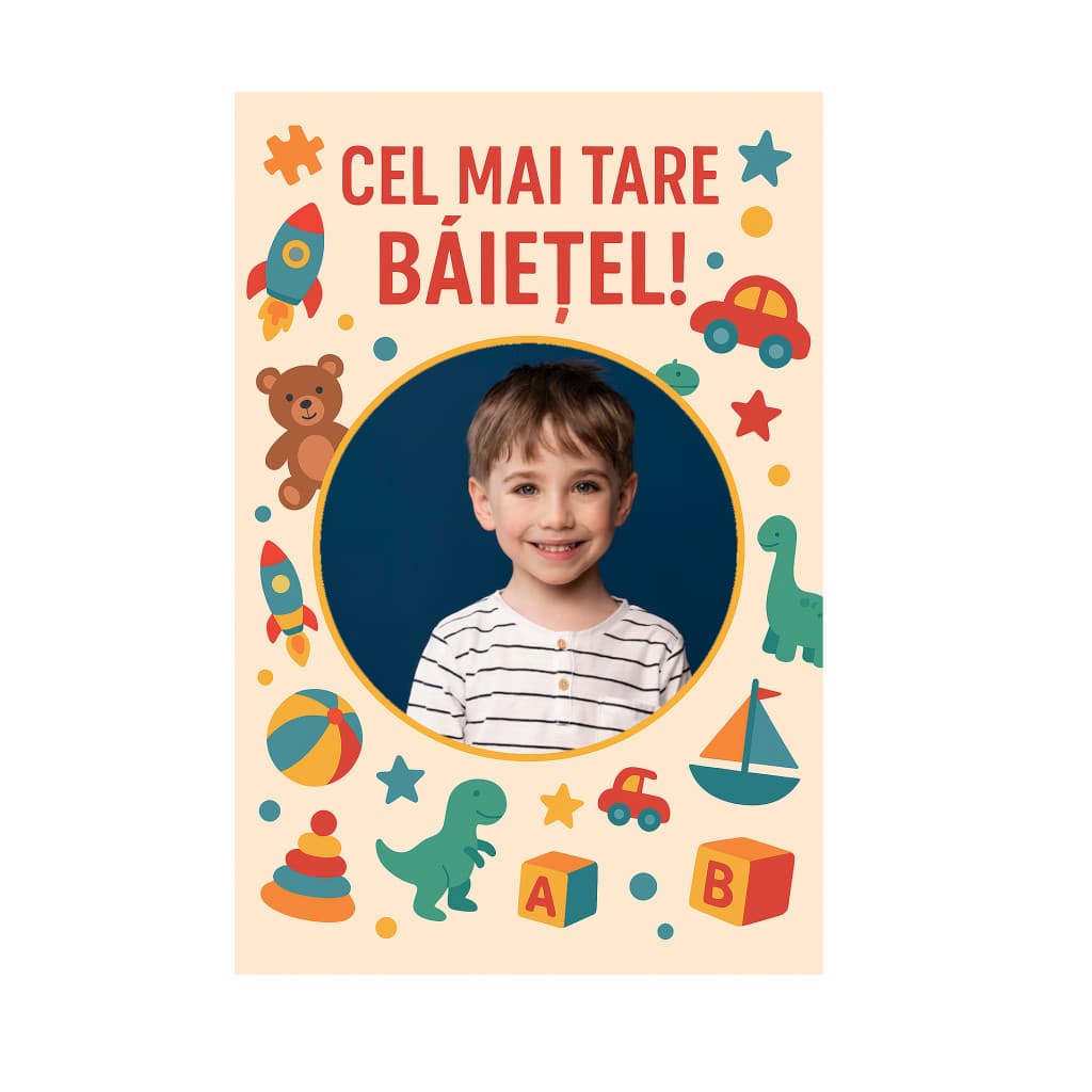 Magnet foto personalizat cu imaginea ta, sidefat, 9.5 x 5 cm, rama Cel mai tare baietel 1