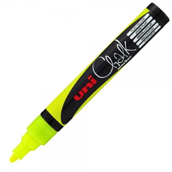 Marker cu creta UNI Chalk PWE-5M, varf rotund, 1.8-2.5mm, galben fluorescent 1