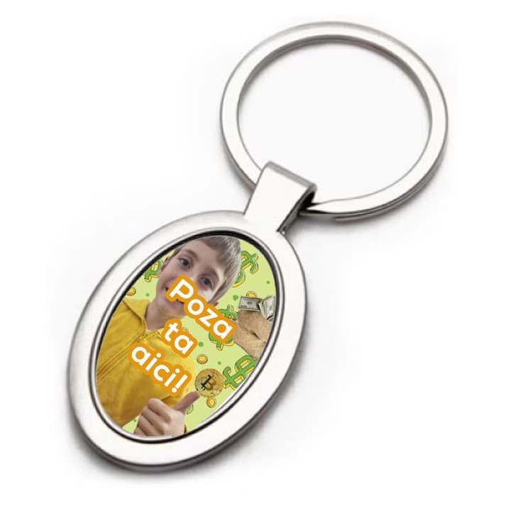 Breloc metalic personalizat cu poza ta, inel de sustinere metalic, oval 1