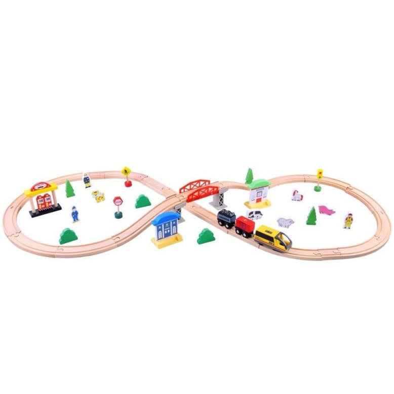 Traseu din lemn Kids Toyland, oras cu accesorii, locomotiva cu baterii, 46 de piese 1