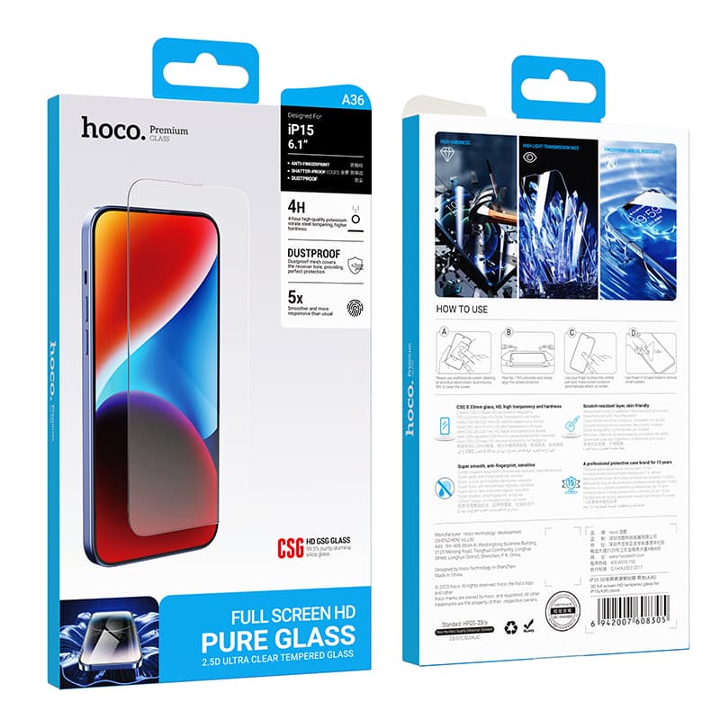 Hoco (A36) Folie Clear » iPhone 15 Plus, HD, Alumin Metal, Black frame 1