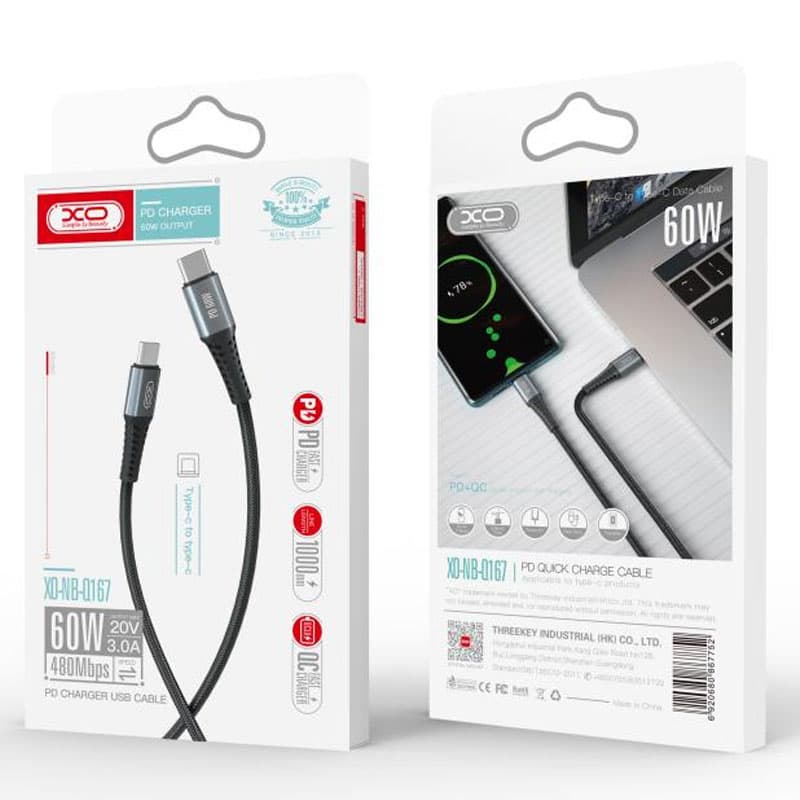 XO (NB-Q167) - Cablu Date si Incarcare, USB-C, PD60W, QC3.0, Metall Braided, 1m, Black 1