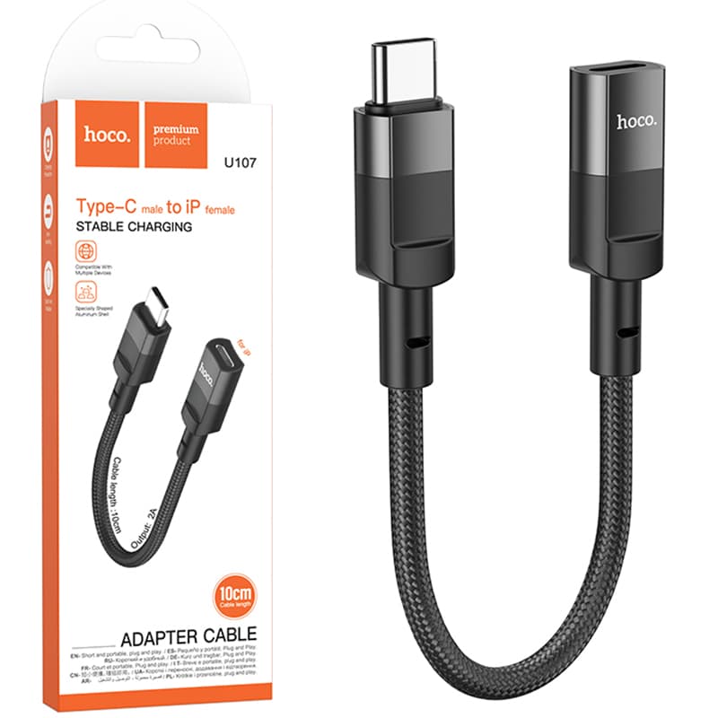 Hoco (U107) - Cablu Date si Incarcare, USB-C la Lightning (F), Braided, 10cm, Black 1