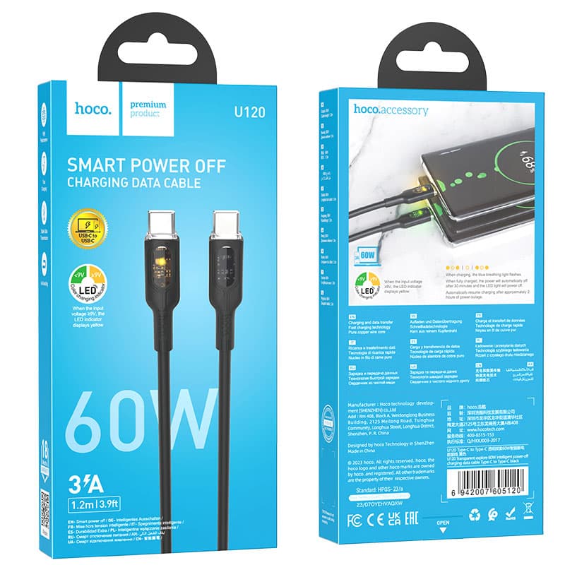 Hoco (U120) - Cablu Date si Incarcare, USB-C, PD60W, QC3.0, 3A, LED Power, 1.2m, Black 1