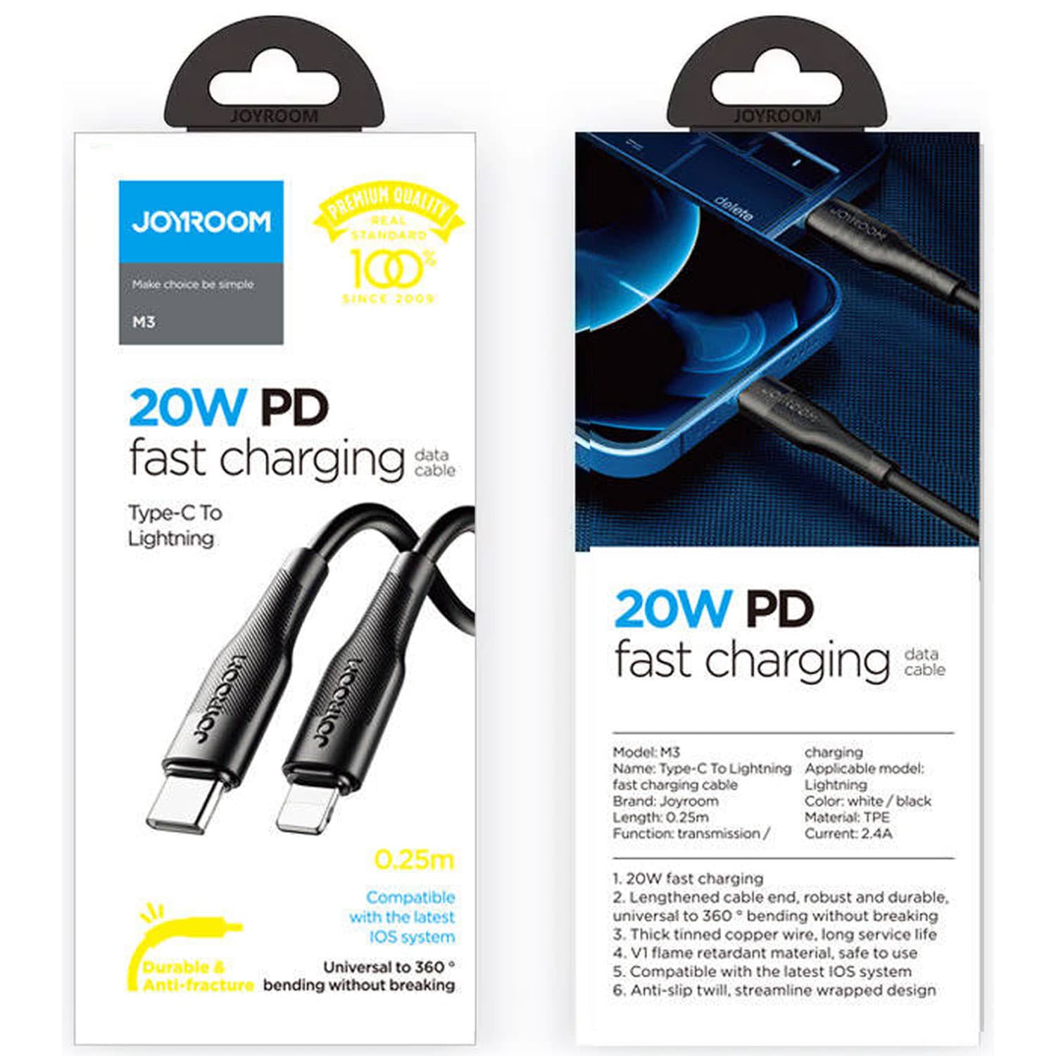 Joyroom (M3) - Cablu Date si Incarcare, USB-C la Lightning, PD20W, QC3.0, 1.2m, Black 1