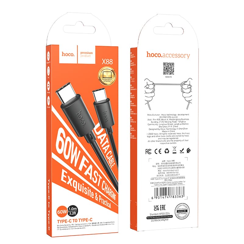 Hoco (X88) - Cablu Date si Incarcare, USB-C, PD60W, QC3.0, 1m, Black 1