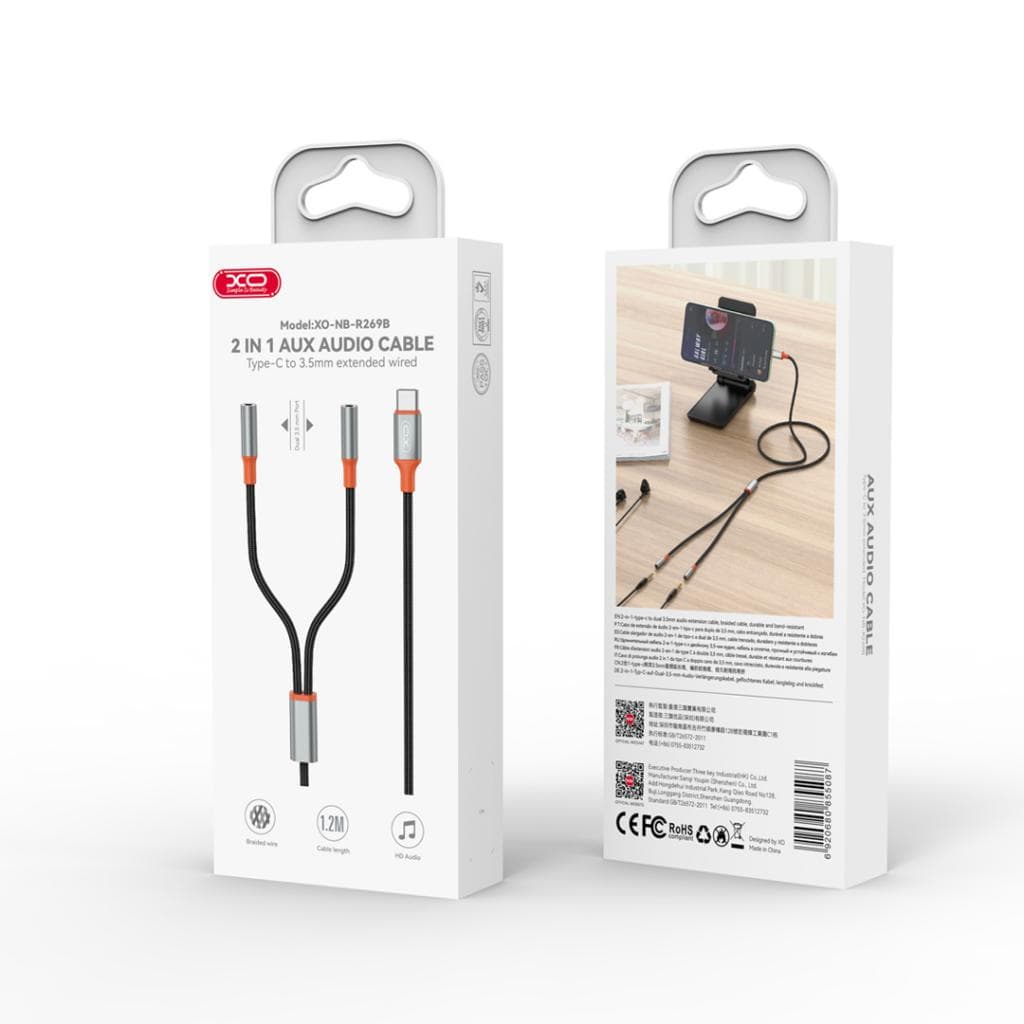 XO (NB-R269B) - Cablu Audio, USB-C la 2x Jack 3.5mm (F), 1.2m, Black 1