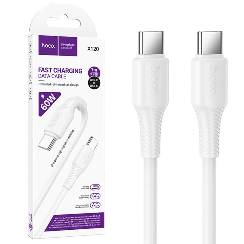 Hoco (X120) » Cablu Date si Incarcare, USB-C la USB C, 60W, Fast Charge, 1m, White 1
