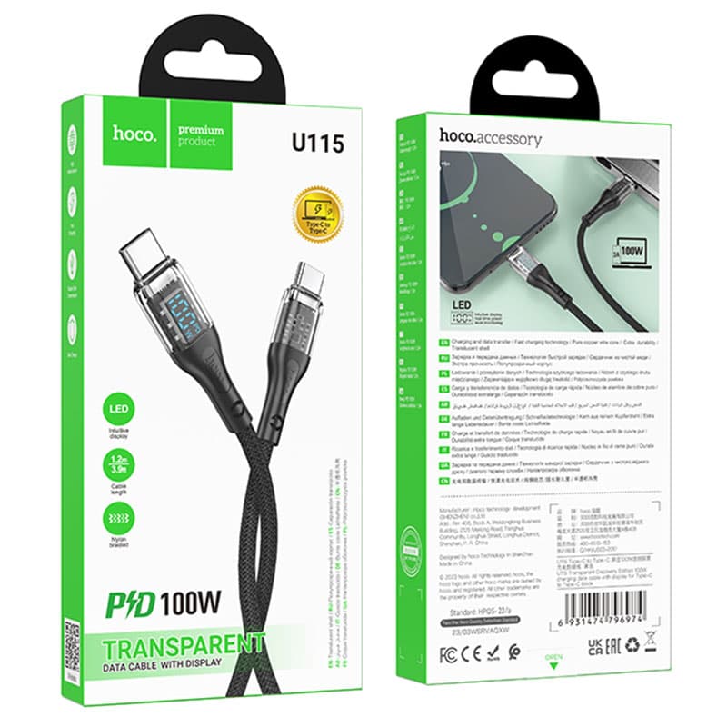 Hoco (U115) - Cablu Date si Incarcare, USB-C, PD100W, QC3.0, 1m, Black 1