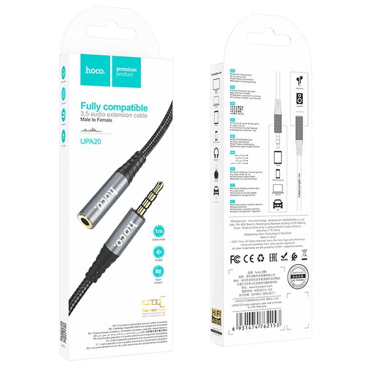 Hoco (UPA20) - Cablu Audio, Jack 3.5mm (M) - la Jack 3.5mm (F) - 1m, Black 1