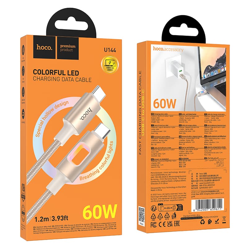 Hoco (U144) » Cablu Date si Incarcare, USB-C, PD60W, 3A, 1.2m, Gold 1