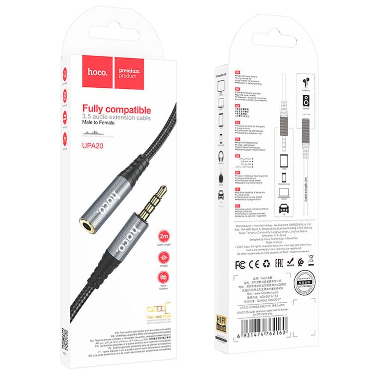 Hoco (UPA20) - Cablu Audio, Jack 3.5mm (M) - la Jack 3.5mm (F) - 2m, Black 1