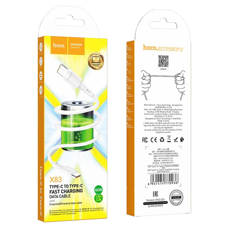 Hoco (X83) - Cablu Date si Incarcare, USB-C, PD60W, QC3.0, 1m, White 1