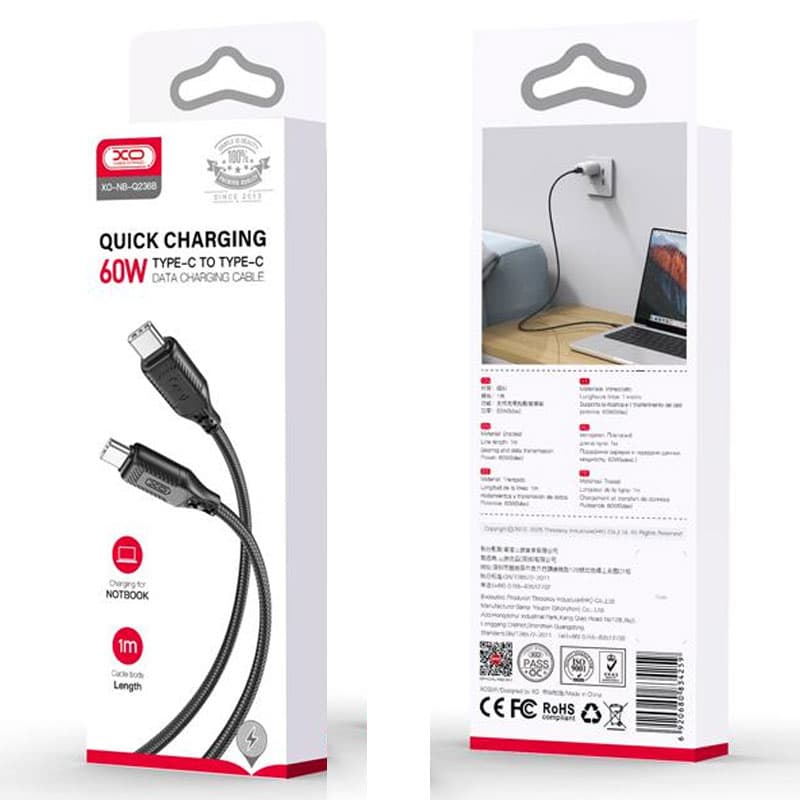 XO (NB-Q236B) - Cablu Date si Incarcare, USB-C, PD60W, QC3.0, Braided, 1m, Black 1